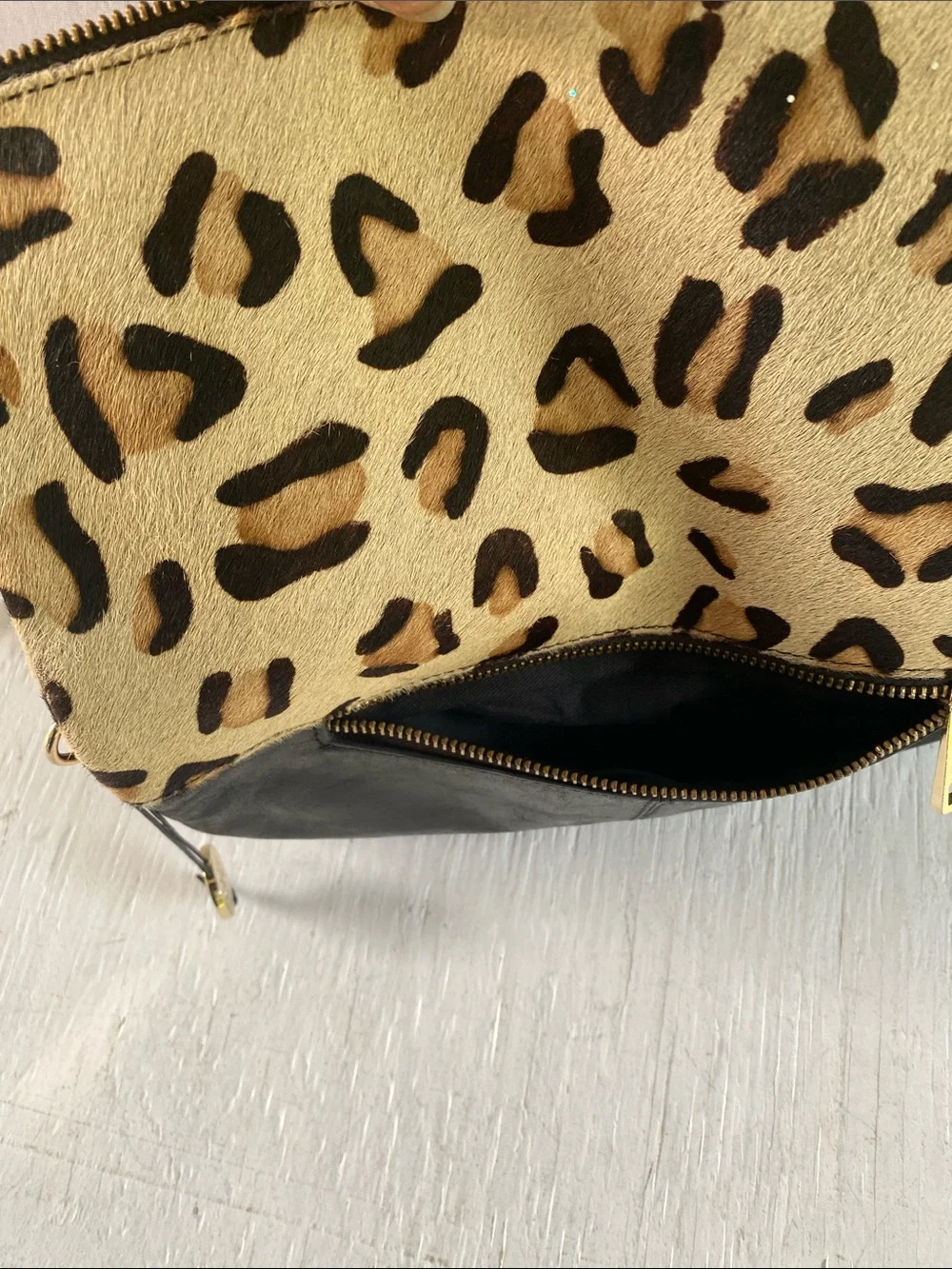 Leopard Calf hair leather Foldover Wristlet Clutch - Black & Tan